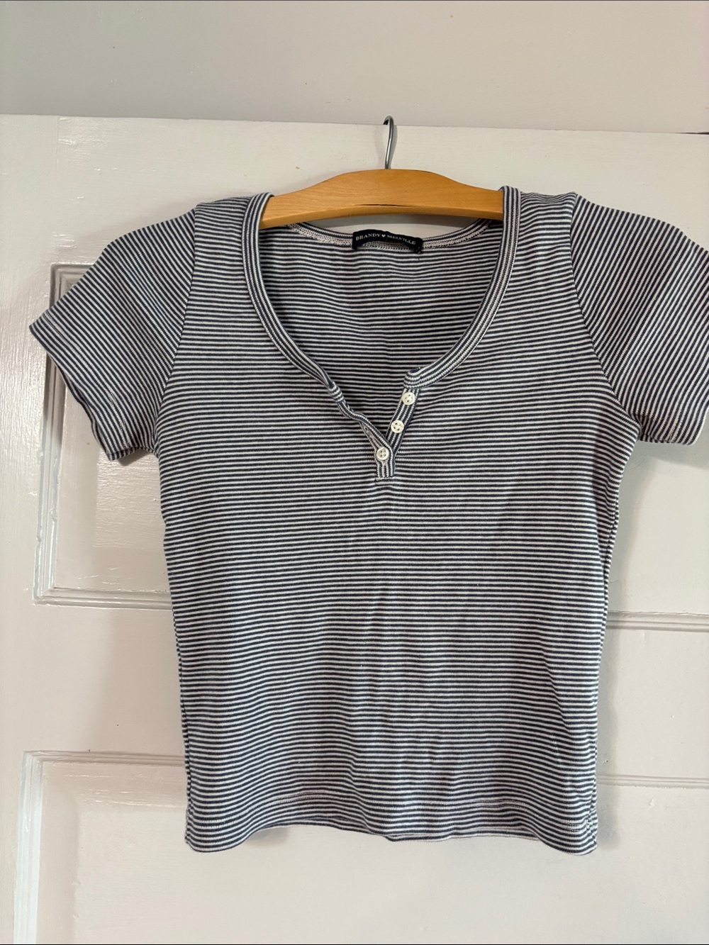 Brandy Melville Black and White Striped Henley Short Sleeve Tee